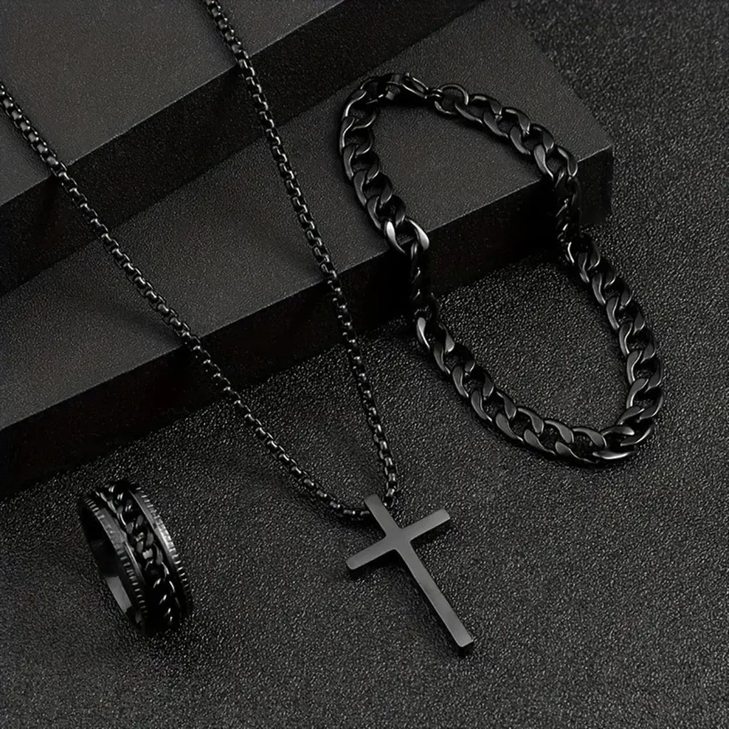 Hip Hop Fashion Cross Pendant Necklace Bracelet Chain Ring Men's Set Simple Personality Party Three Piece Jewelry Accessories