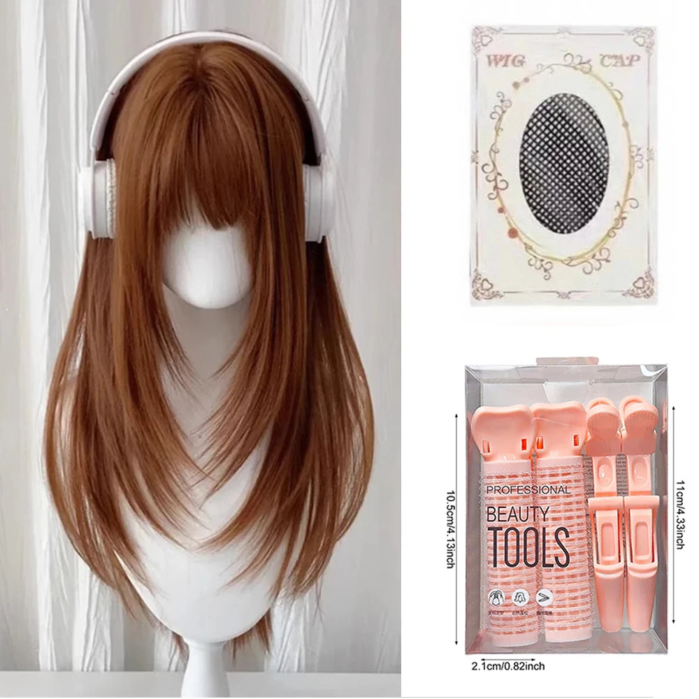 Flax Gold Synthetic Wig with Bangs Long Straight Hair High-Layered Lolita Wigs for Women's Daily Cosplay Wig Heat Resistant