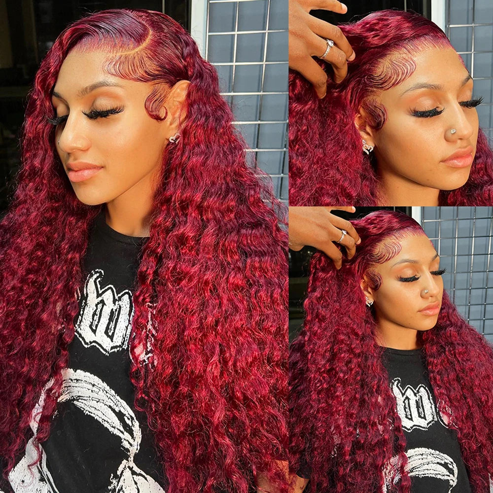 99J Burgundy Deep Wave Human Hair Wig – 13x4 HD Lace Frontal Wig Pre Plucked Brazilian