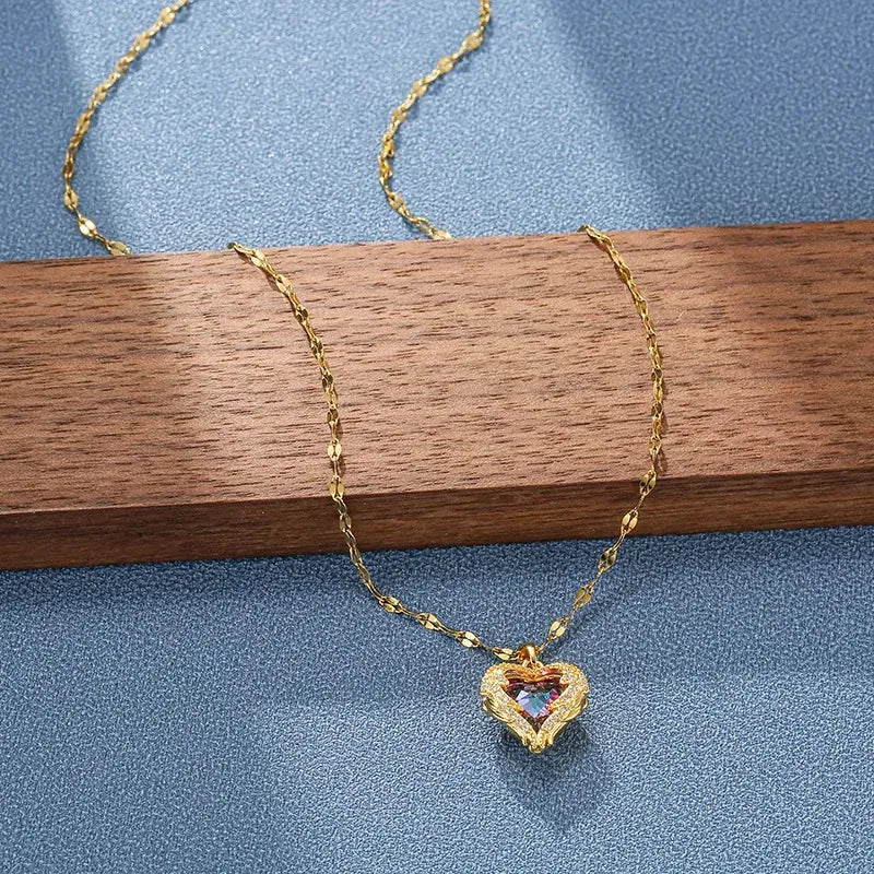 Top Luxury Colorful Crystal Ocean Heart Pendant Necklace for Women Trendy 316L Stainless Steel Jewelry Female Wedding Neck Chain