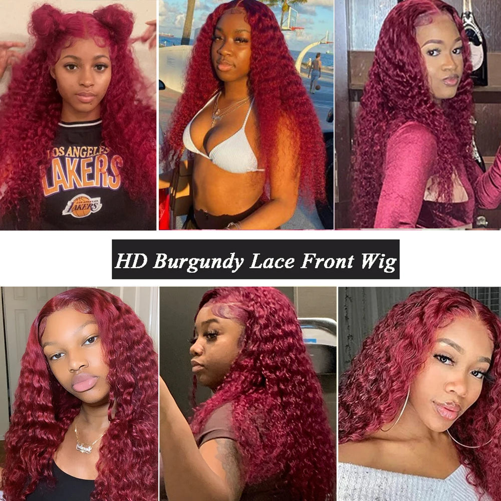 99J Burgundy Deep Wave Human Hair Wig – 13x4 HD Lace Frontal Wig Pre Plucked Brazilian