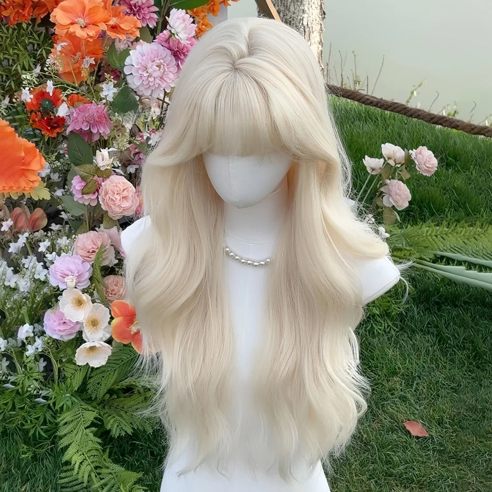 Ashely Wig White Blonde Wig for Women Long Wavy Hair Heat-resistant White Wisg with Bangs Lolita Synthetic Wigs 가발