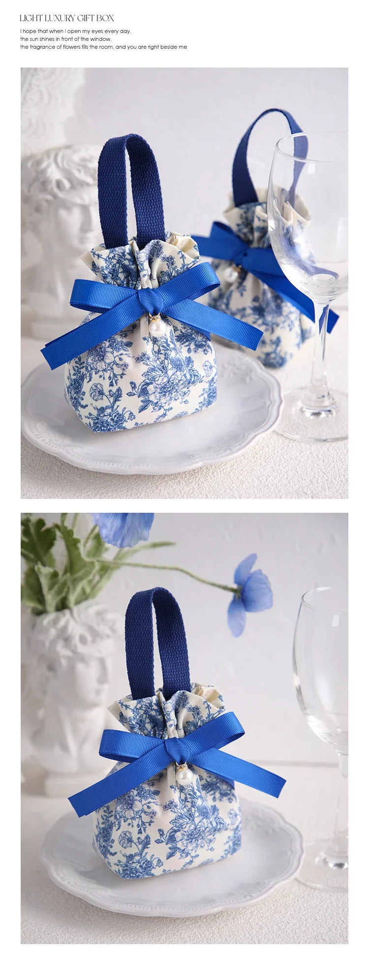5/10pcs Portable Drawstring Handheld Canvas Candy Bags with Floral Pattern & Ribbon Bow Soft Reusable Wedding Gift Packing Bags
