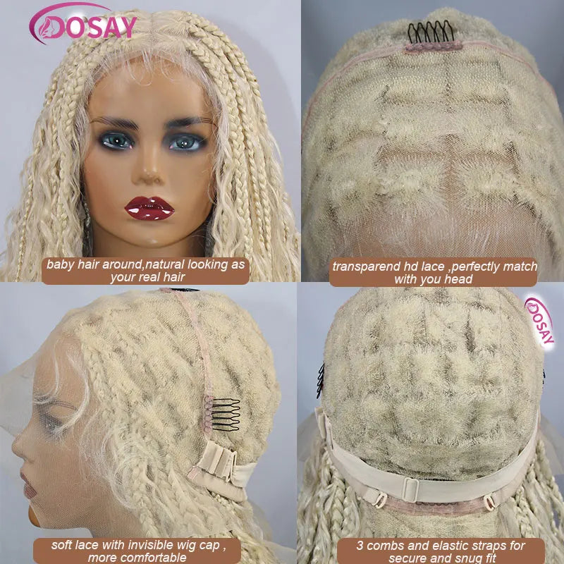 Blonde 613 Full Lace Front Synthetic Braided Wigs Boho Box Braids Wig 32'' Square Knotless Braided Wig With Curly Ends For Woman