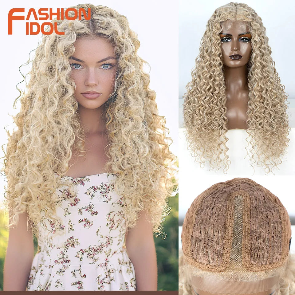 FASHION IDOL 30 inch Afro Kinky Curly Lace Wig Synthetic With Baby Hair High Temperature Fiber Ombre Blonde Lace Wigs For Women
