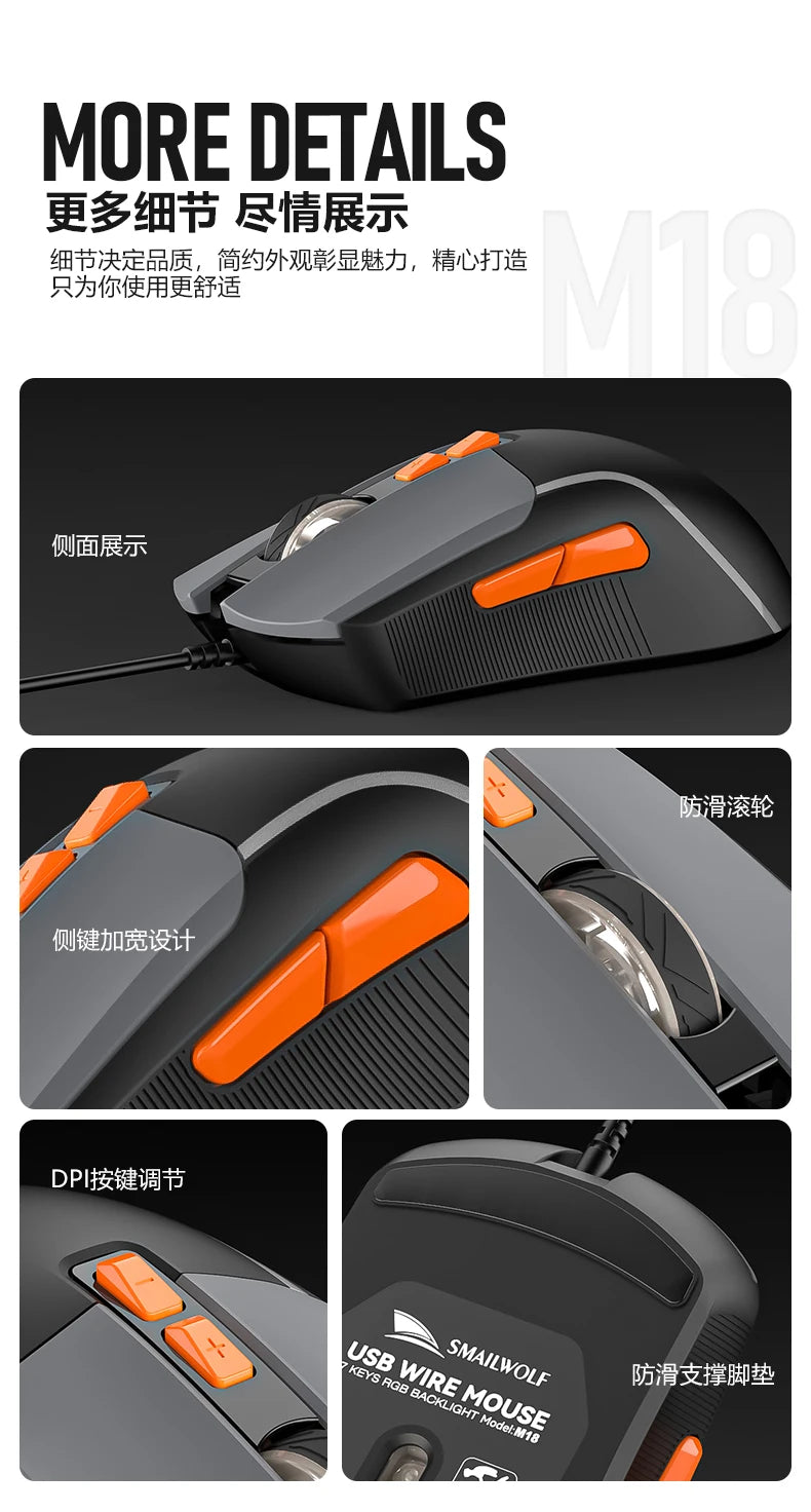 SMAILWOLF M18 RGB Gaming Mouse – Wired USB Ergonomic E-Sports Mouse for PC & Laptop