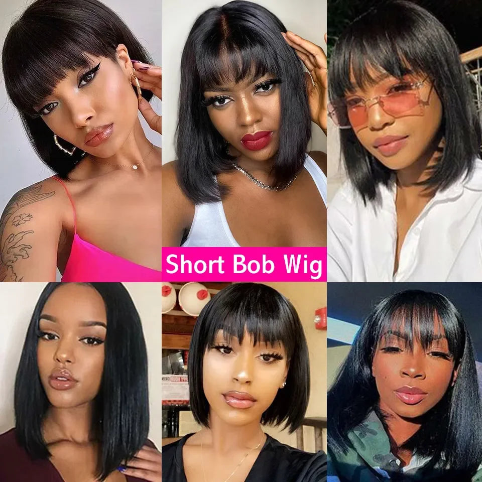 12A Malaysia Short Bob Wig With Bang Straight Bob Wig 100% Human Hair Wig Virgin Full Machine Made Wig For Women Cheap Bob Wigs