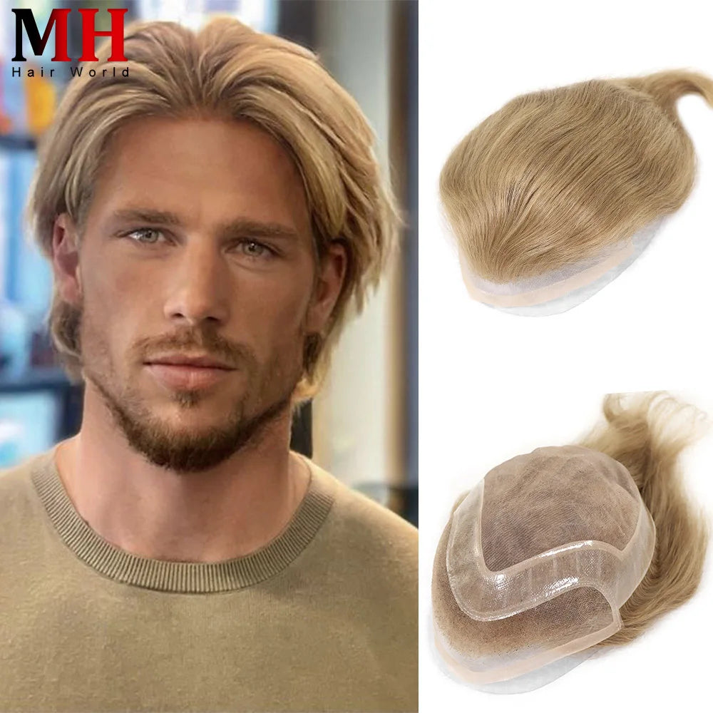 Human Hair Prosthesis for Men Toupee Breathable Lace Front with PU Mens Wig Replacement System Blonde Hairpiece 8x10inch