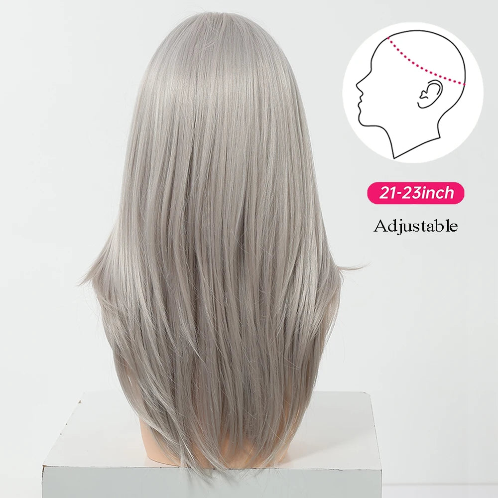 EASIHAIR Long Straight Gray White Synthetic Layered Wig with Bangs for Women Girls Natural Hair Cosplay Party Wig Heat Resistant