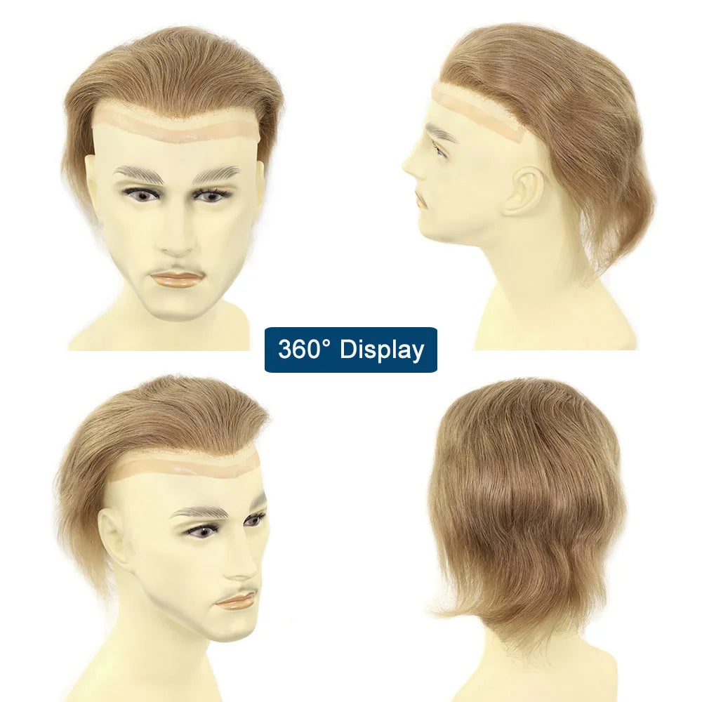 Human Hair Prosthesis for Men Toupee Breathable Lace Front with PU Mens Wig Replacement System Blonde Hairpiece 8x10inch