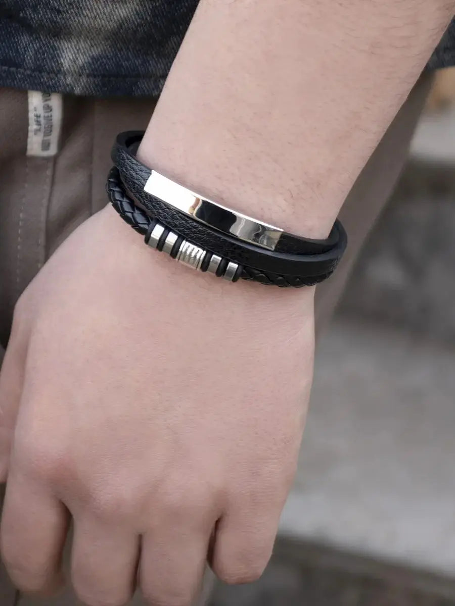 IFYOUOO Bracelet 21CM Multilayer Braided Rope Bracelets for Male Trendy Leather Bracelets For Men Stainless Steel Jewelry Gifts