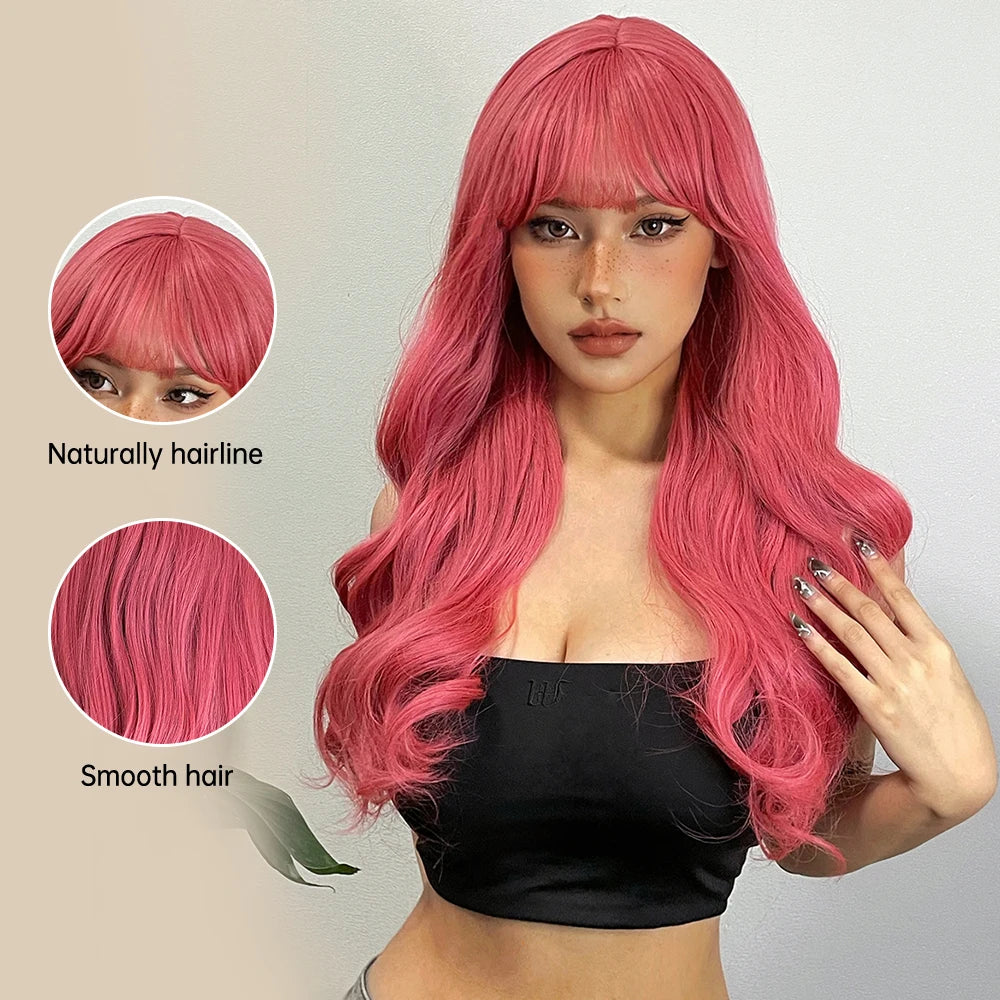 LOUIS FERRE Long Wavy Pink Synthetic Wigs with Bangs for Women Hot Pink Curly Heat Resistant Hair Wig for Cosplay Halloween Use