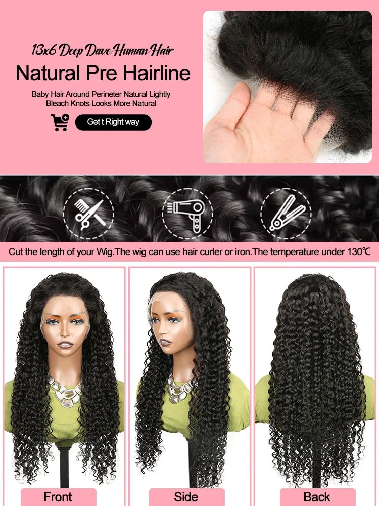 250 Density Deep Wave 40 Inch 13x6 Hd Lace Front Wig Human Hair Curly Wigs Water Wave Transparent Lace Front Wig For Black Women