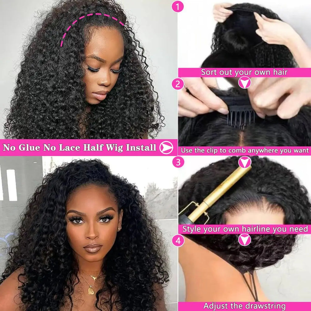 Water Wave 3 IN 1 Half Wig Human Hair Glueless Wig Human Hair Ready to Wear 36Inch Half Wig Drawstring Glueless Wig Human Hair