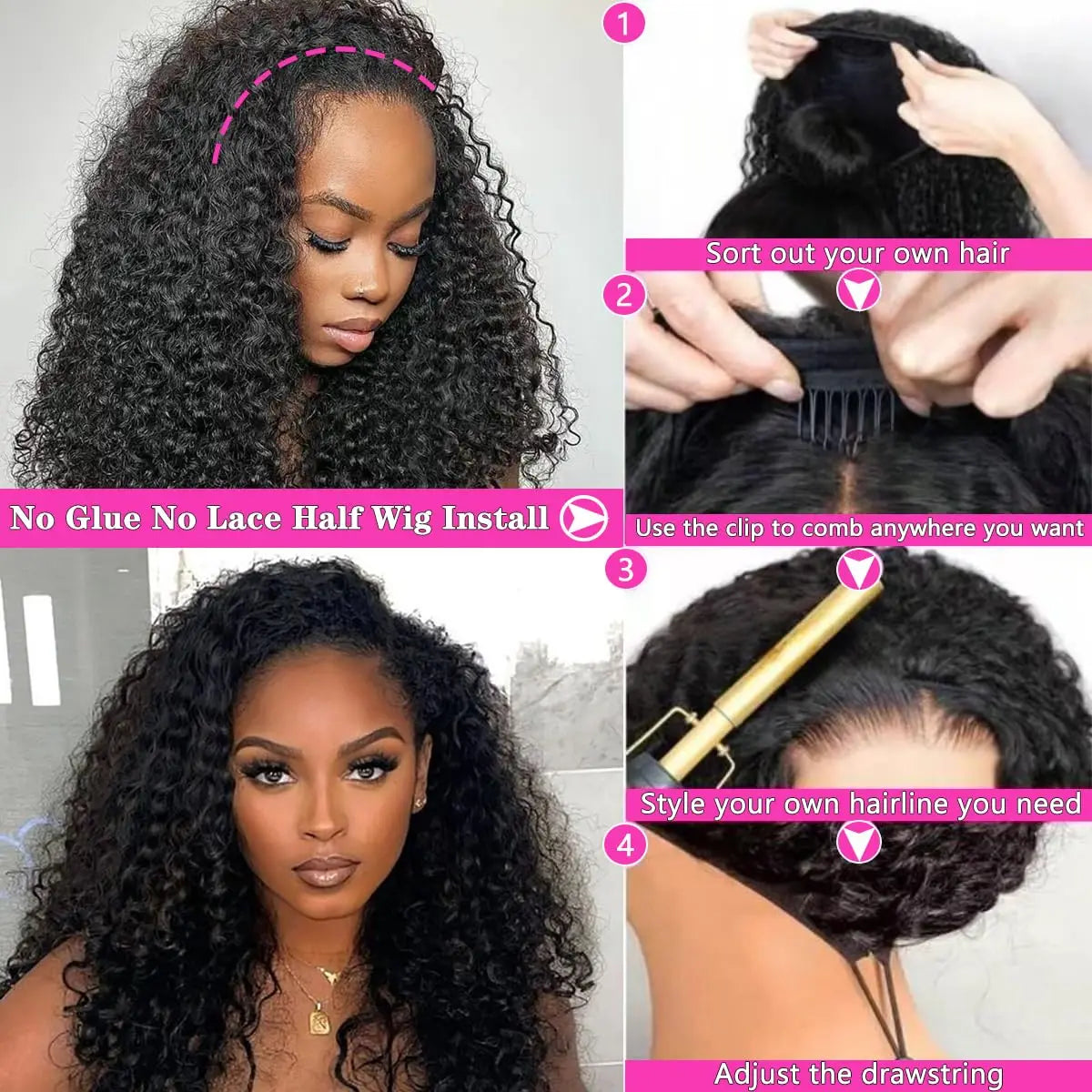 Water Wave 3 IN 1 Half Wig Human Hair Glueless Wig Human Hair Ready to Wear 36Inch Half Wig Drawstring Glueless Wig Human Hair