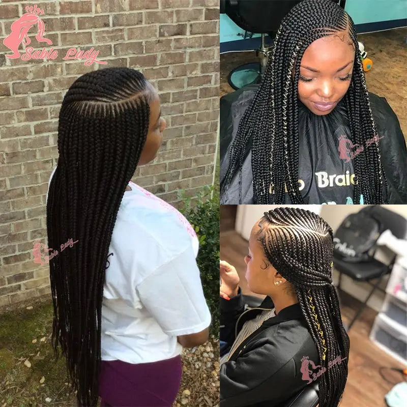 36" Full Lace Cornrow Braided Wigs Synthetic Burgundy Red Knotless Box Braids Wig Godness Side Part Braided Wigs for Black Women