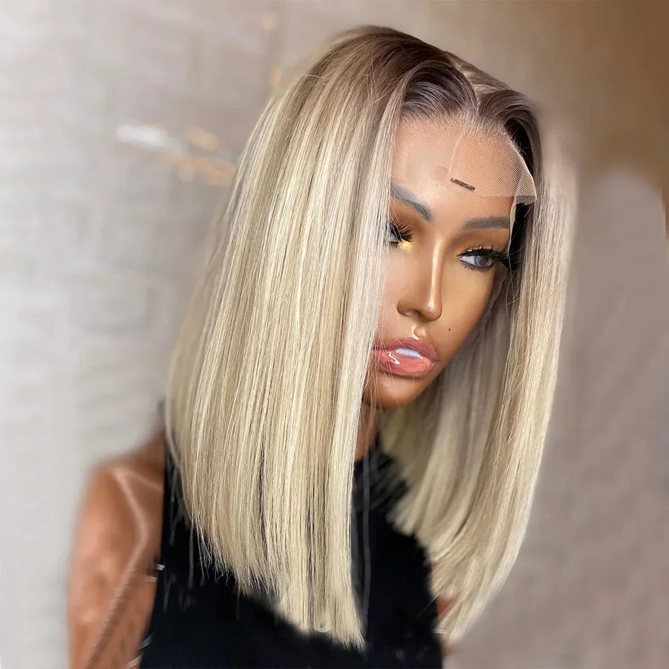 13x4 HD Short Ombre Blonde Wig Straight Bob Lace Front Wig Pre Plucked Synthetic Short Lace Frontal Wig Glueless Daily Cosplay