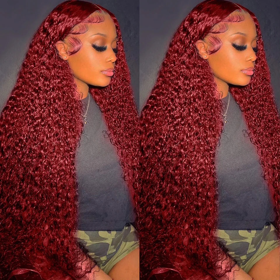 99J Burgundy Deep Wave Human Hair Wig – 13x4 HD Lace Frontal Wig Pre Plucked Brazilian