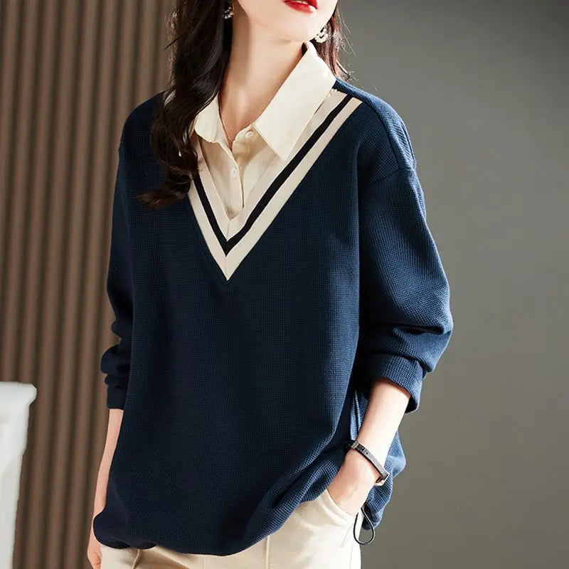 Women's Clothing 2022 Solid Loose T-Shirts Turn-down Collar Button Patchwork Autumn Winter Thin Preppy Style Casual Comfortable