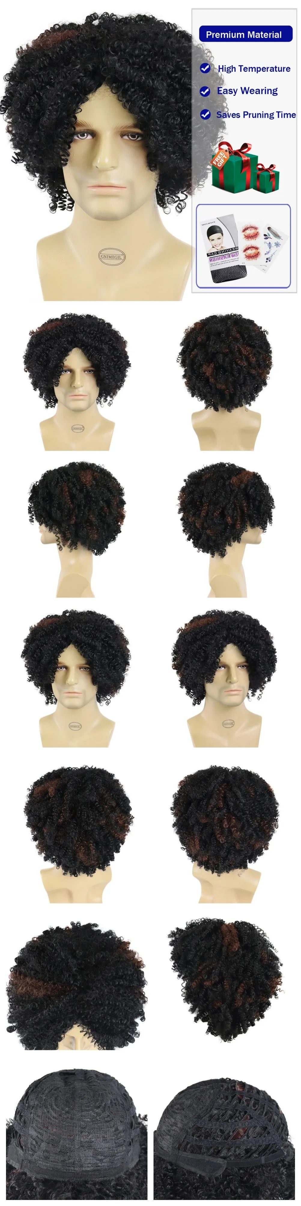 Synthetic Big Curly Wigs for Men Black Mixed Brown African Elastic Curls Hair Short Afro Wig Daily Breathable Man Wig Braided