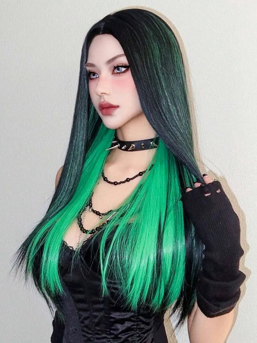 EASIHAIR Black With Green Cosplay Synthetic Wigs for Women Long Straight Middle Part Wig Natural Hair Party Daily Heat Resistant