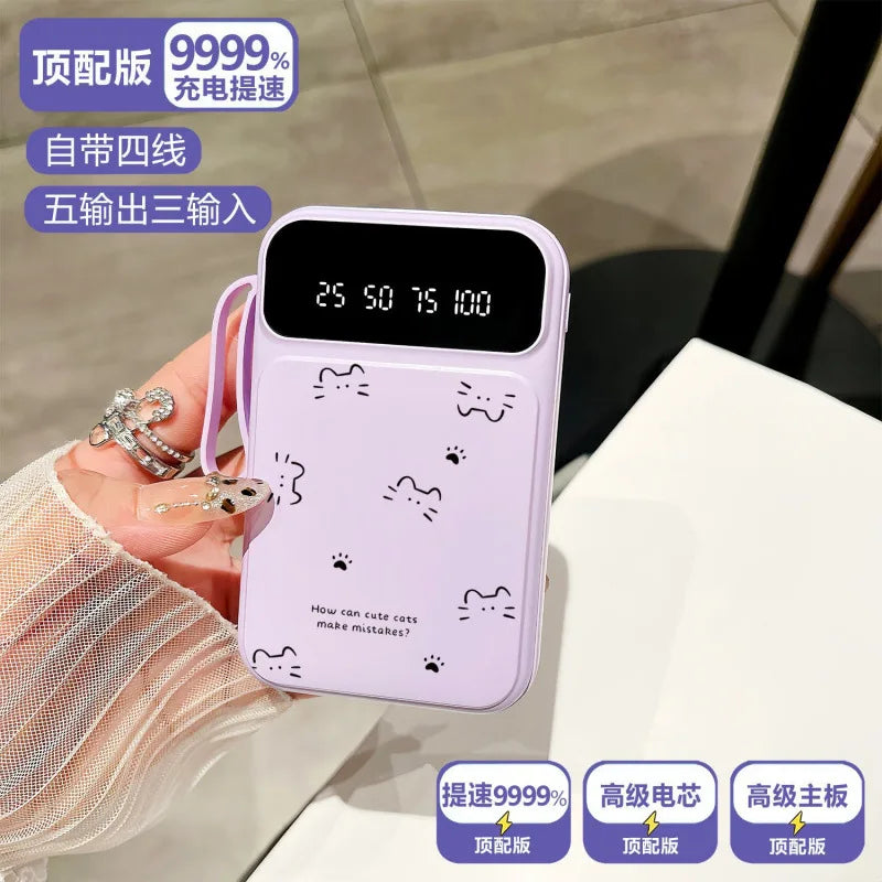 Cat-Shaped Portable Power Bank – 10000mAh / 20000mAh, Built-in Cables, Fast Charge