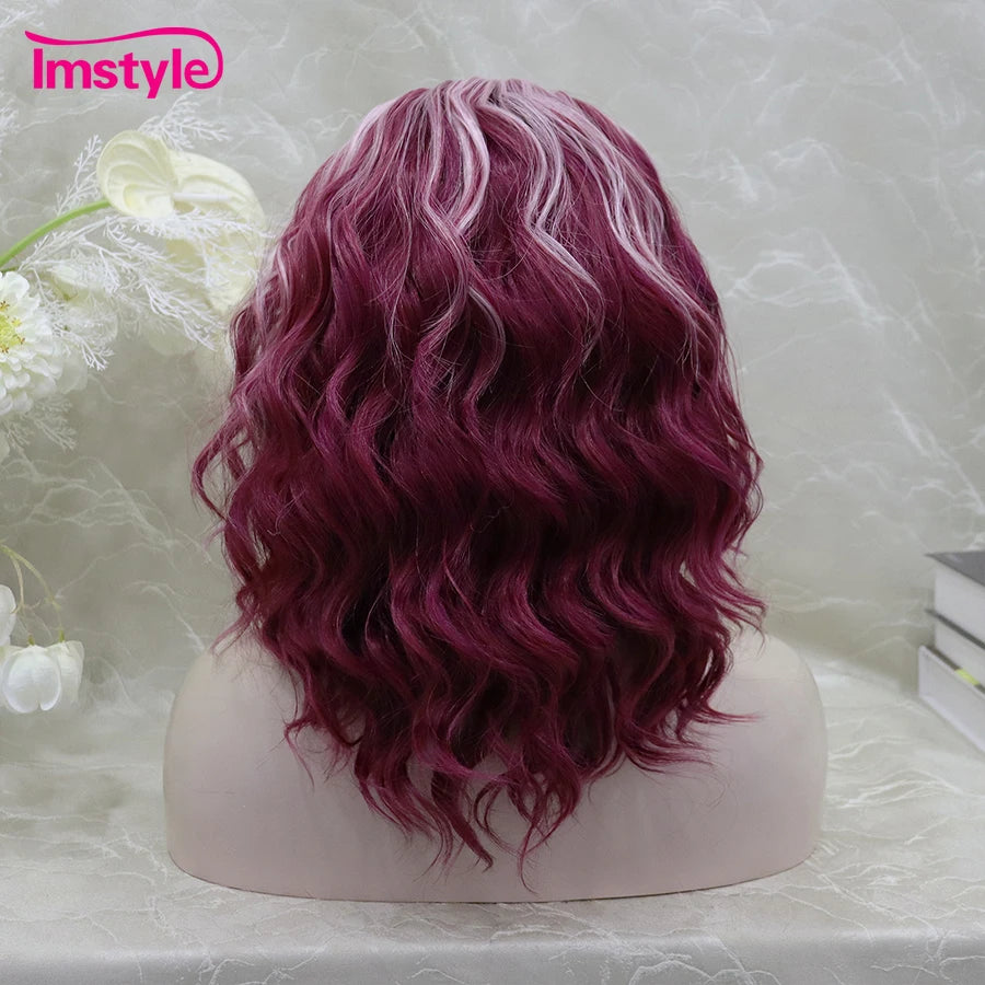 Imstyle Pink Wig Short Synthetic Lace Front Wig Deep Wave Highlight Heat Resistant Fiber Cosplay Wigs For Women 14 inch