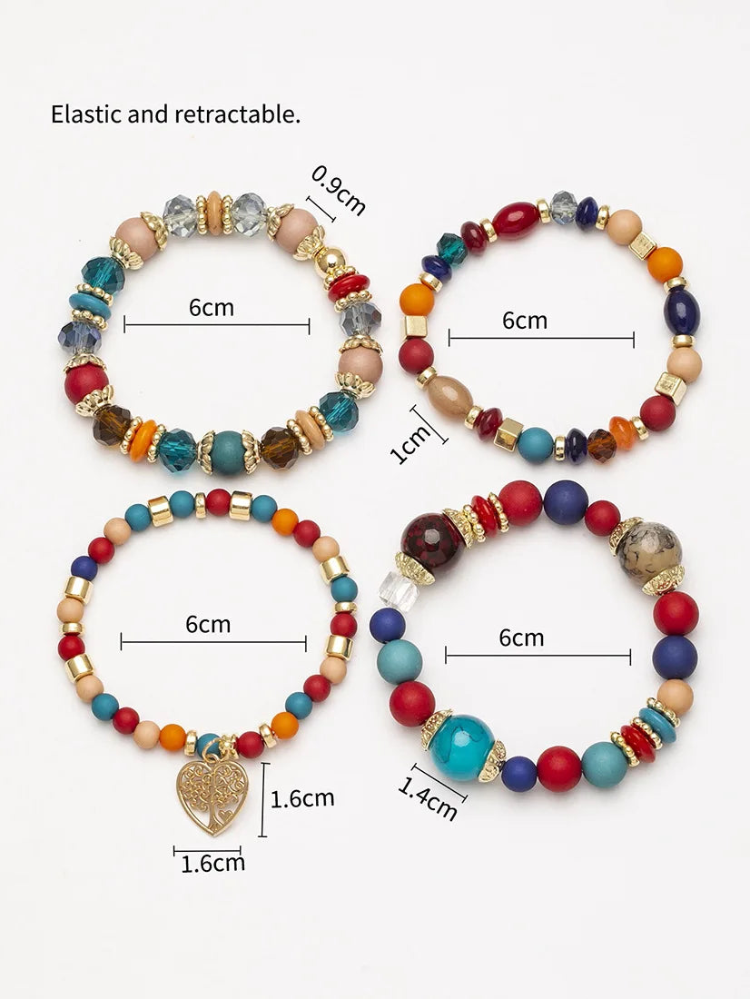 New Acrylic Beads Chain Bracelet Set For Women Tree Of Life Charm Elastic Bangle Female Bohemian Jewelry Accessories