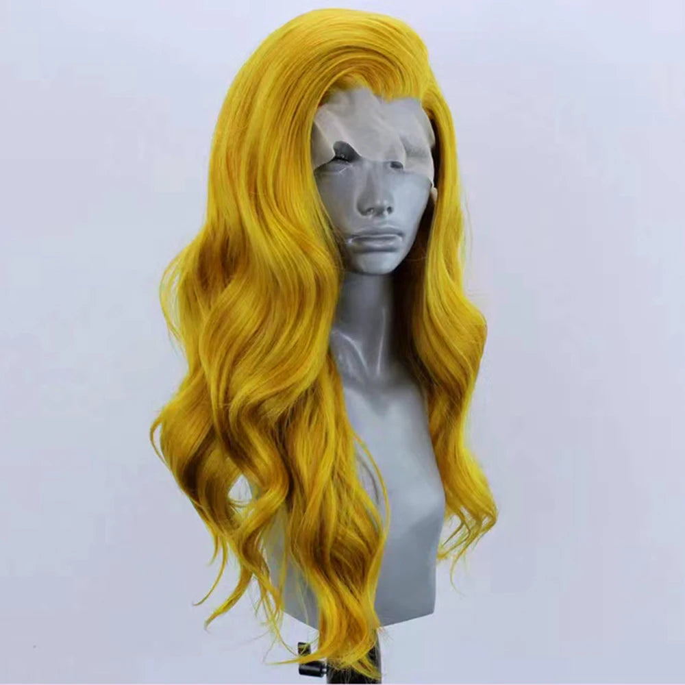 AIMEYA Yellow Loose Wave Wig Synthetic Lace Front Wig Natural Hairline Daily Use Cosplay Wig Heat Resistant Fiber Hair