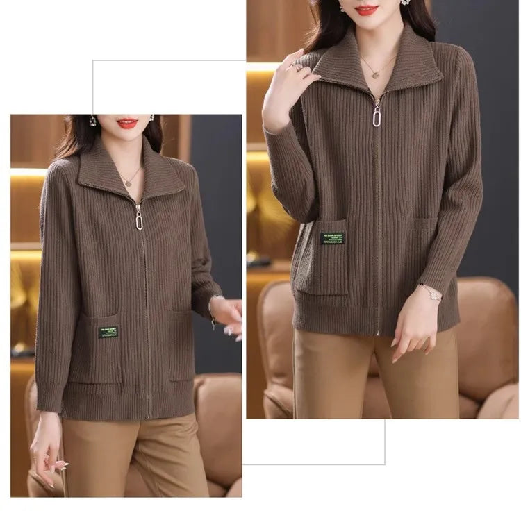 Knitted Cardigan Jacket Women Sweater New Autumn Winter Lapel Zipper Sweater Jacket Loose Solid Outerwear Female Sweatshirt Tops