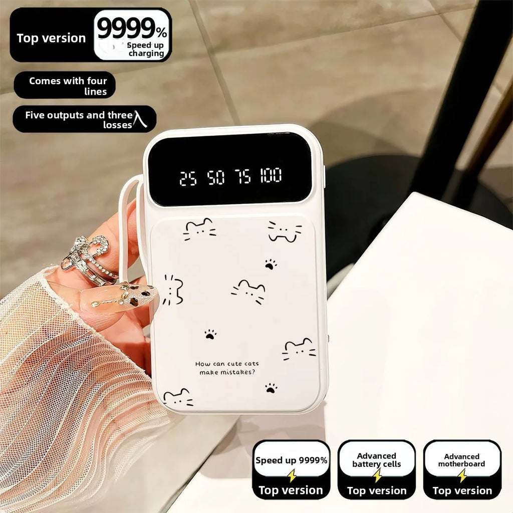 Cat-Shaped Power Bank – 20000mAh Fast Charging Portable Charger with Built-in Cable