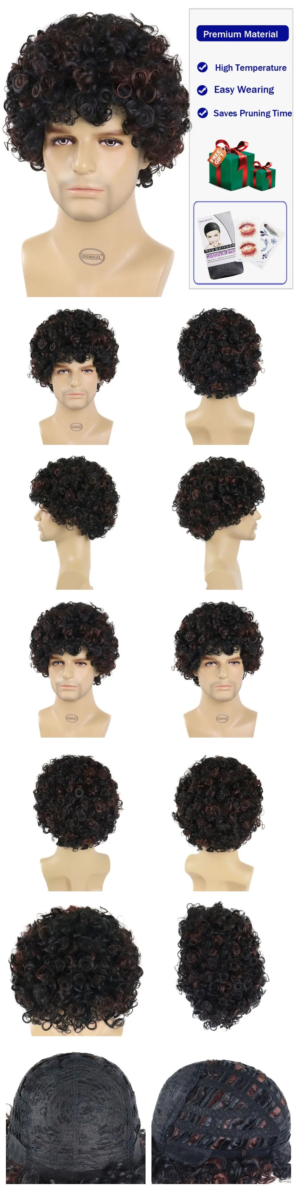 Synthetic Big Curly Wigs for Men Black Mixed Brown African Elastic Curls Hair Short Afro Wig Daily Breathable Man Wig Braided