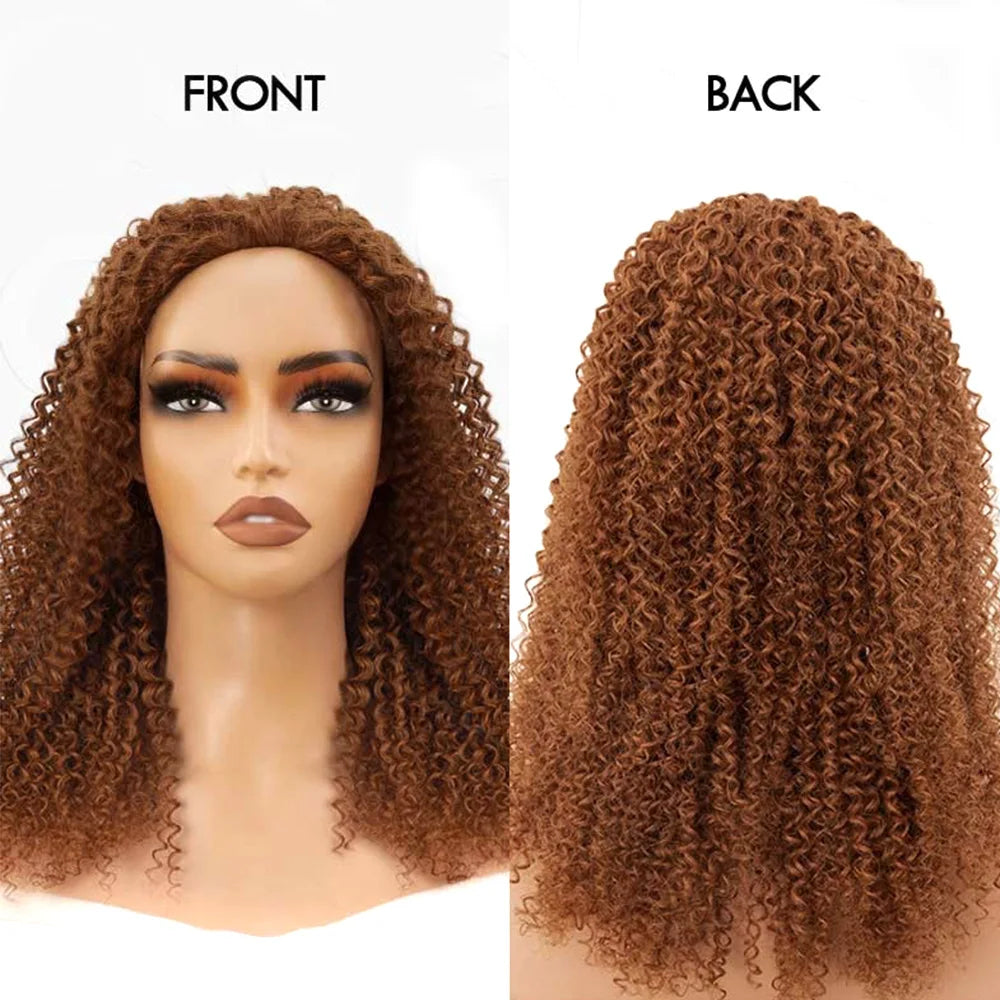 Auburn Brown Color 3 IN 1 Kinky Curly Half Wig Human Hair Clip-in Upgrade Glueless Wig Machine Made Invisible Hairline