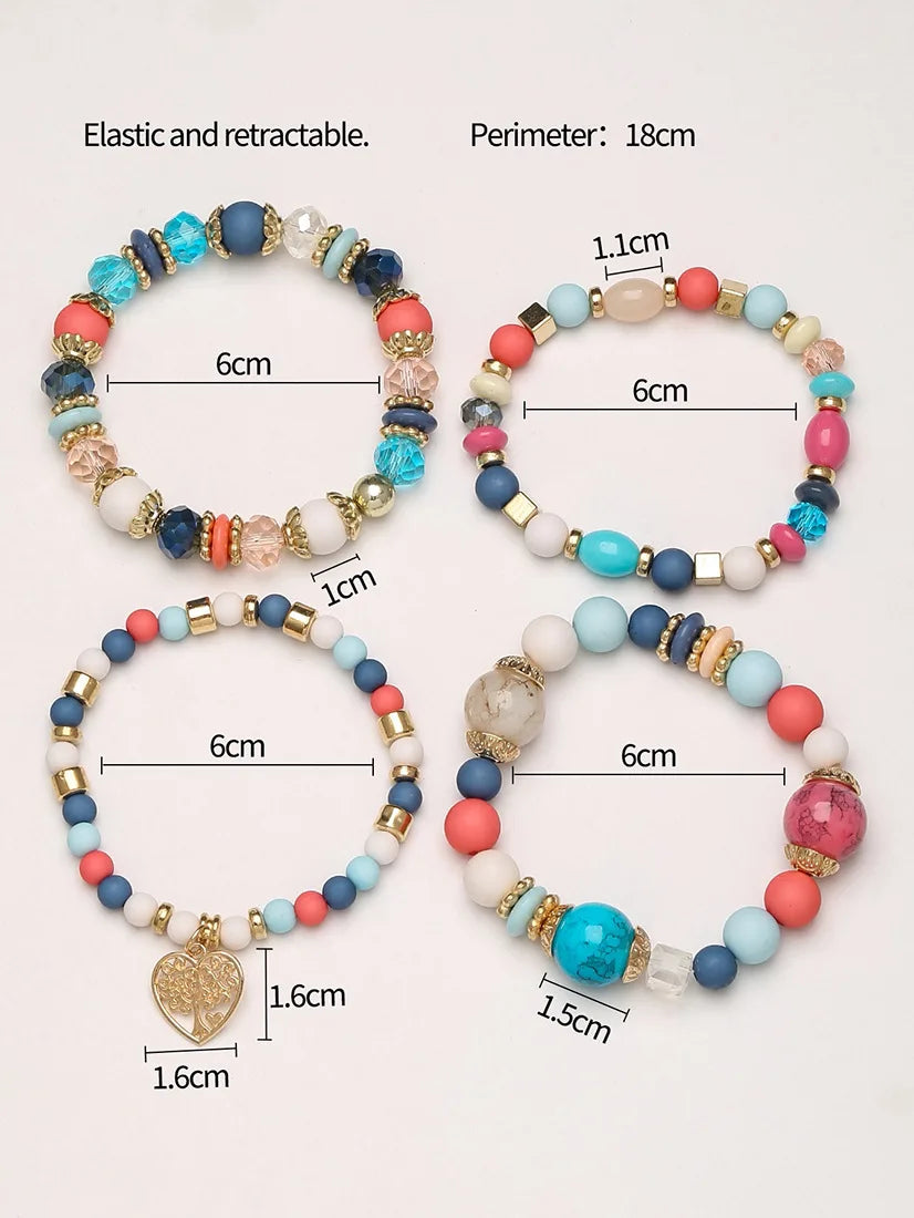 New Acrylic Beads Chain Bracelet Set For Women Tree Of Life Charm Elastic Bangle Female Bohemian Jewelry Accessories