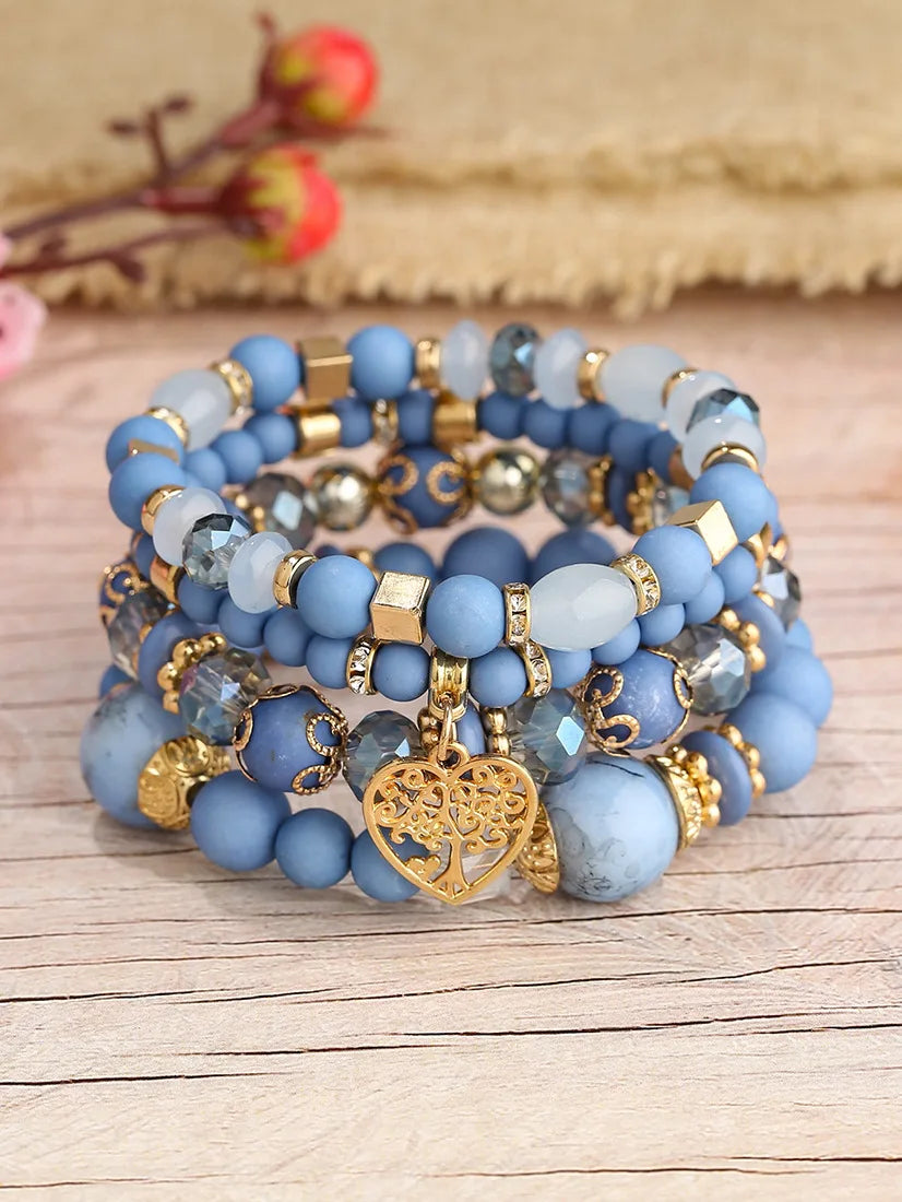 New Acrylic Beads Chain Bracelet Set For Women Tree Of Life Charm Elastic Bangle Female Bohemian Jewelry Accessories