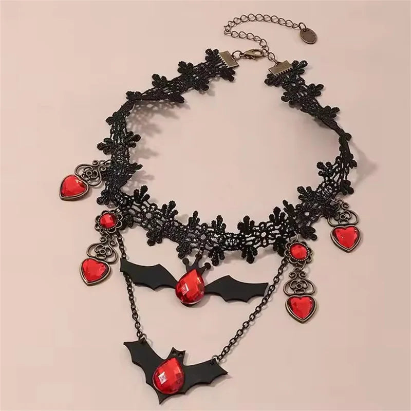 Goth Halloween Jewelry Set – Bat & Spider Charm Earrings, Necklace & Bracelet Choker