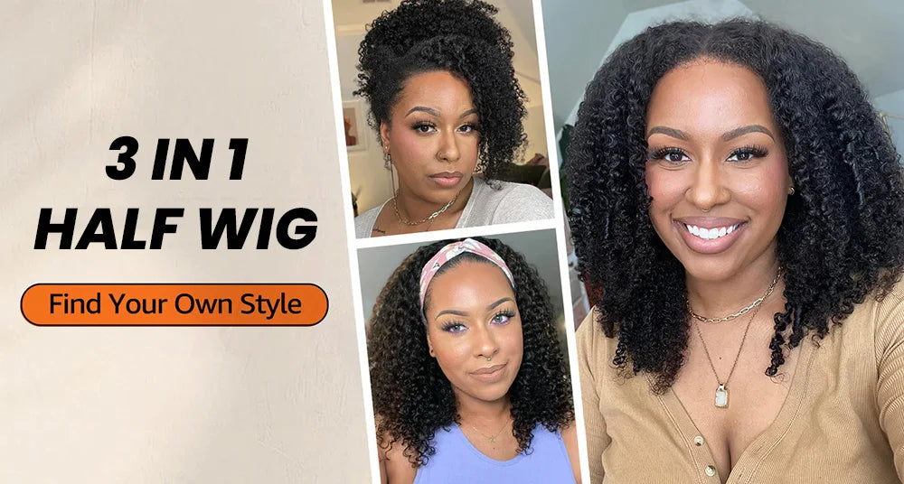Auburn Brown Color 3 IN 1 Kinky Curly Half Wig Human Hair Clip-in Upgrade Glueless Wig Machine Made Invisible Hairline