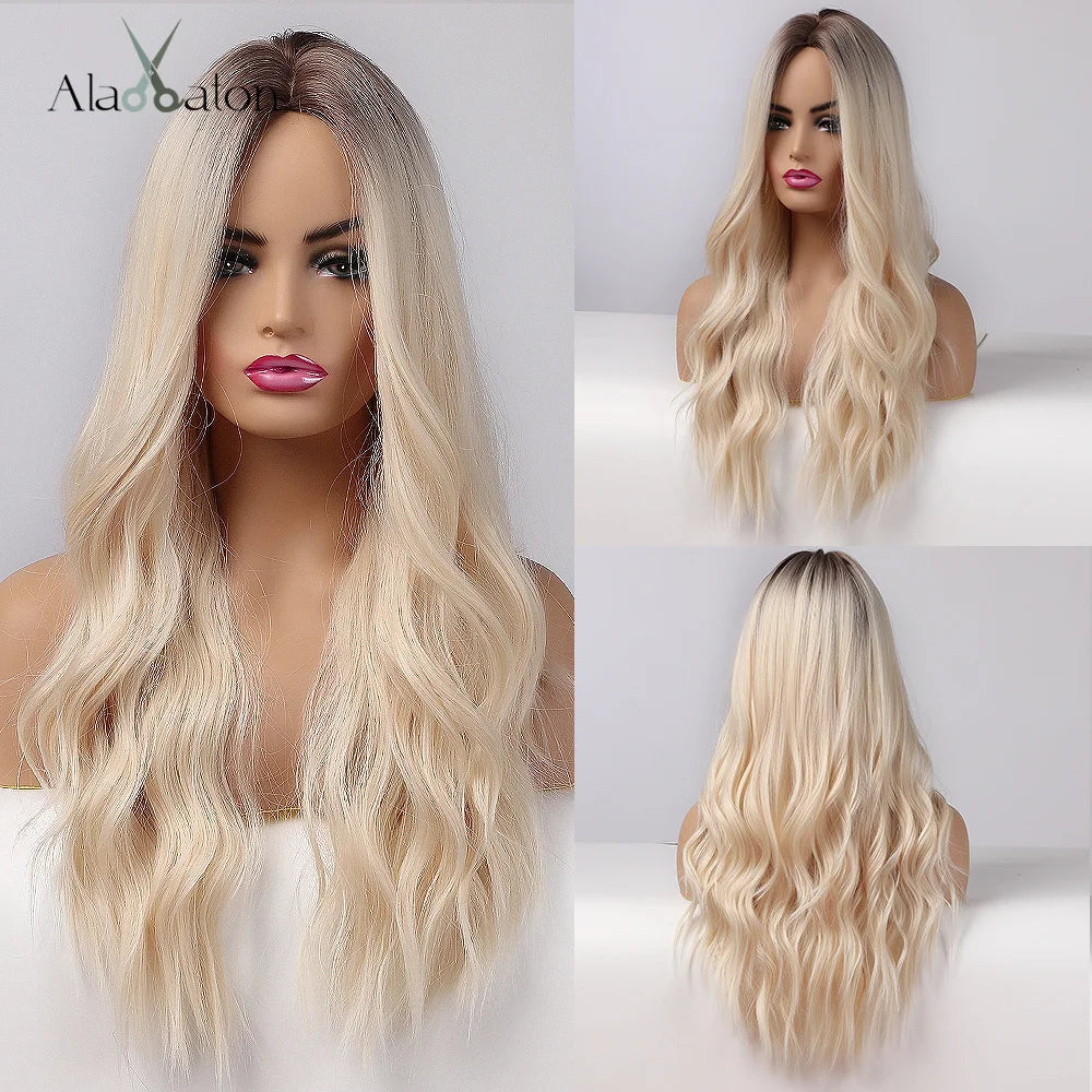 ALAN EATON Long Wavy Synthetic Wigs Ombre Black Pink Wigs for Women Cosplay Natural Middle Part Hair Wig High Temperature Fiber