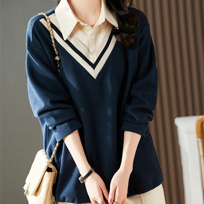 Women's Clothing 2022 Solid Loose T-Shirts Turn-down Collar Button Patchwork Autumn Winter Thin Preppy Style Casual Comfortable