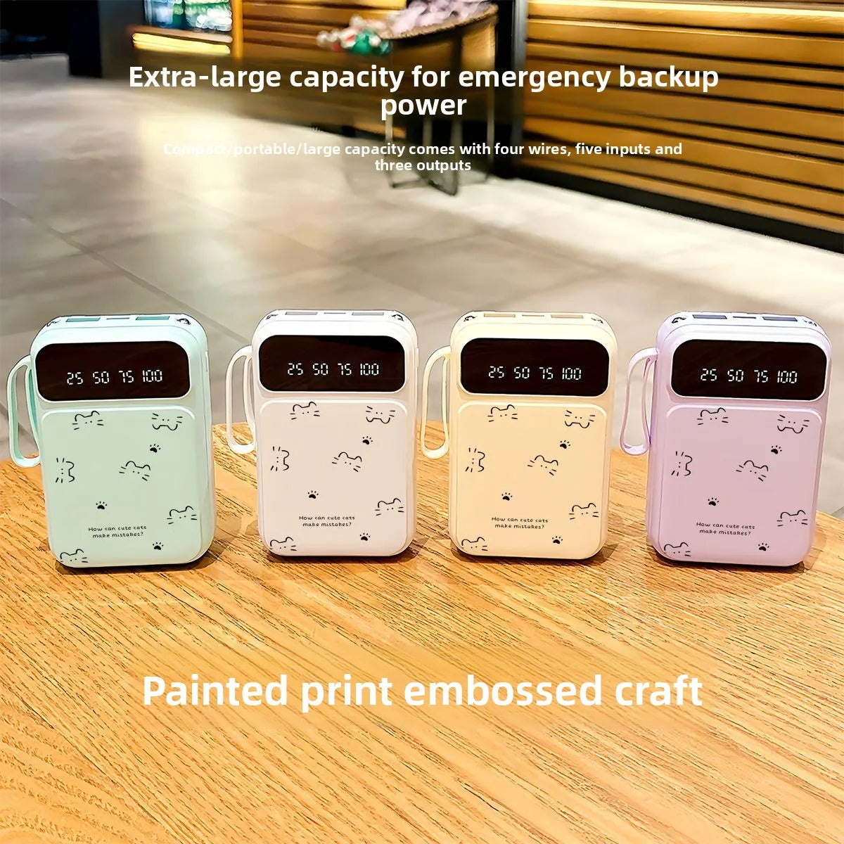 Cat-Shaped Power Bank – 20000mAh Fast Charging Portable Charger with Built-in Cable