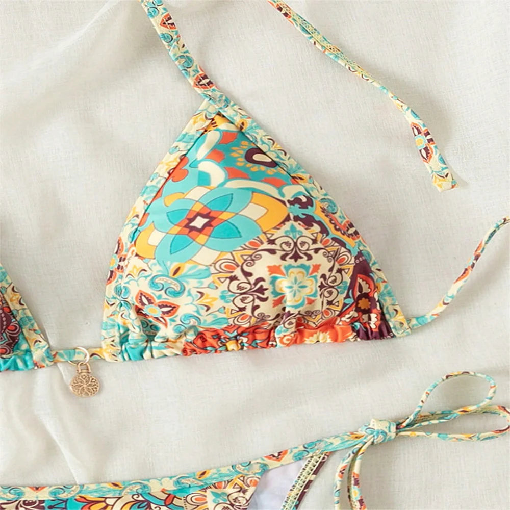 Boho Print Halter String Lace-Up Bikini – Women's Y2K Vacation Swimsuit