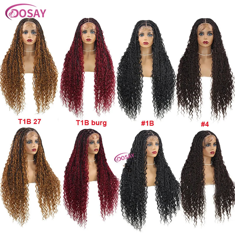 Blonde 613 Full Lace Front Synthetic Braided Wigs Boho Box Braids Wig 32'' Square Knotless Braided Wig With Curly Ends For Woman