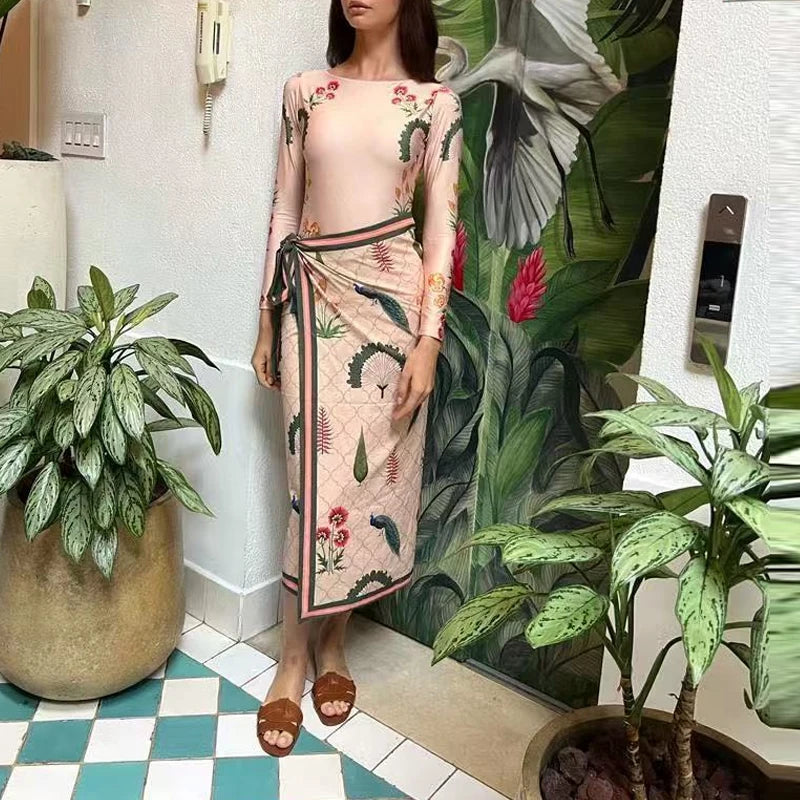 2025 New Pattern Printed Bathing Bikini Dresses Casual O Neck Long Sleeved Slim Fit Beachwear Summer Bohemian Lace Up Swimsuit