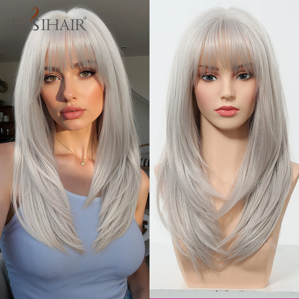 EASIHAIR Long Straight Gray White Synthetic Layered Wig with Bangs for Women Girls Natural Hair Cosplay Party Wig Heat Resistant