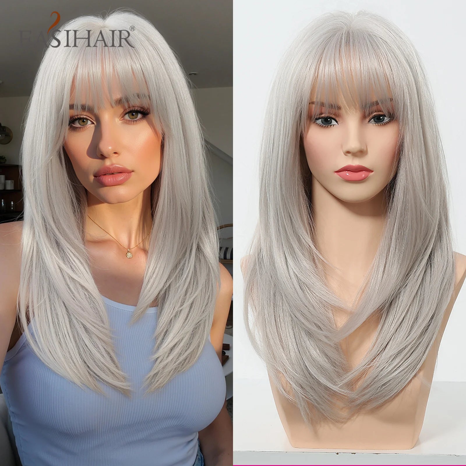 EASIHAIR Long Straight Gray White Synthetic Layered Wig with Bangs for Women Girls Natural Hair Cosplay Party Wig Heat Resistant