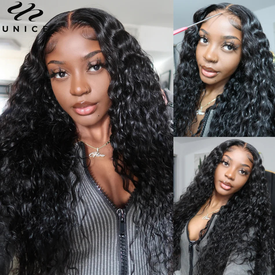 UNice 7x5 & 13x4 Lace Water Wave Human Hair Wig With Drawstring & Baby Hair Pre Cut Pre Bleached Glueless Wig