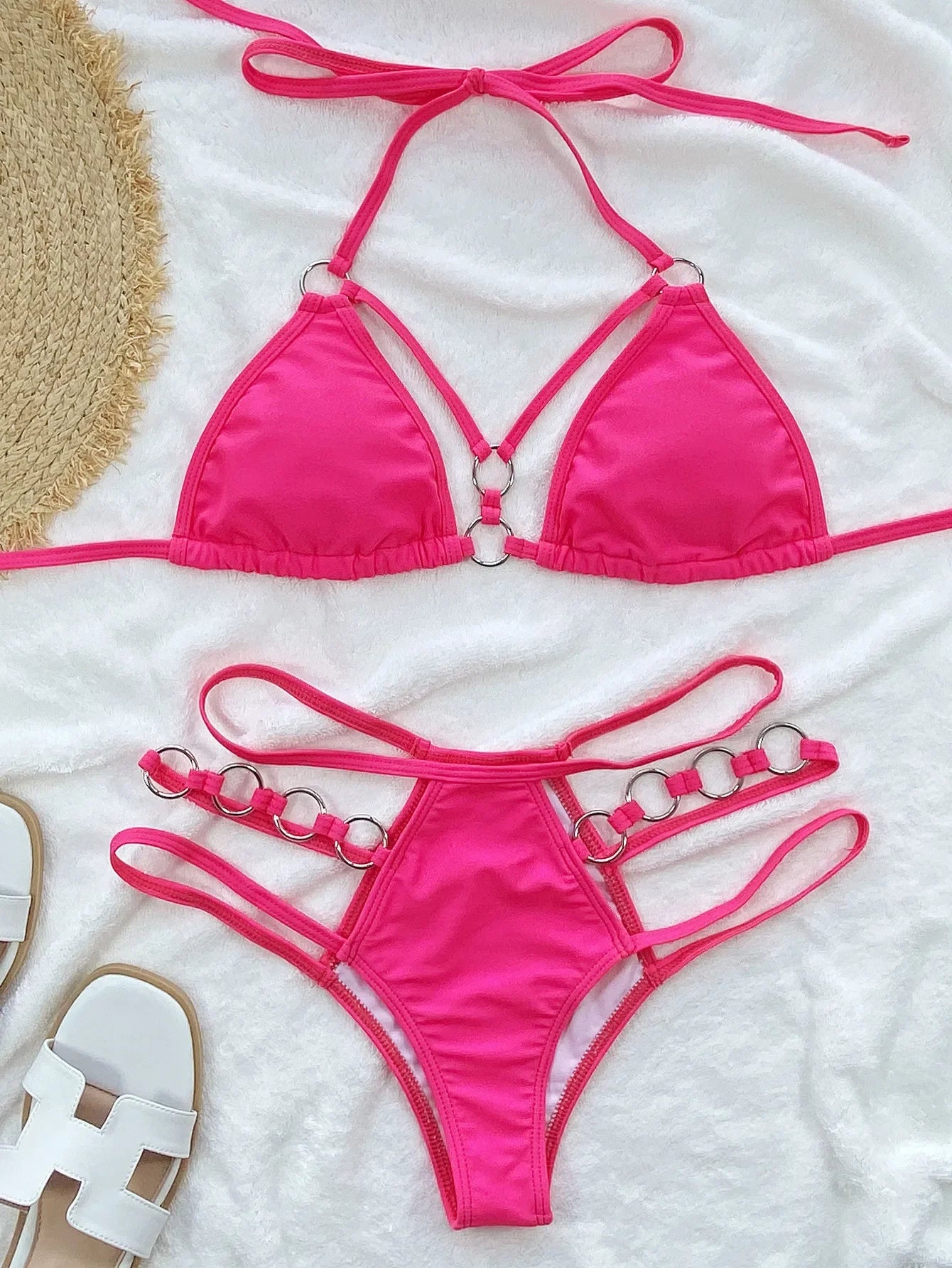 Hollow Halter Bikini Set with Metal Ring – Women's Solid Swimwear