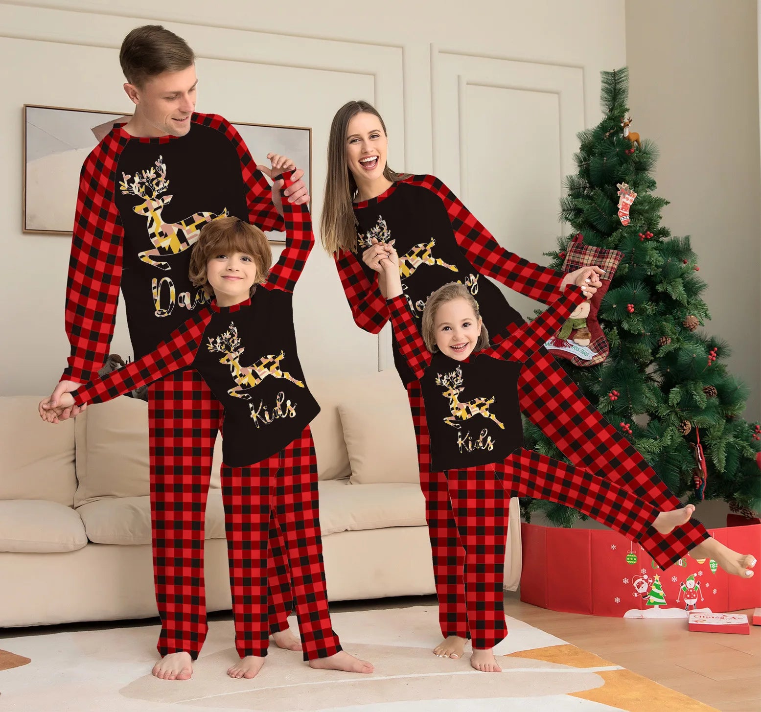 2025 Festive Christmas Reindeer Family Pajamas, Plaid Matching Sleepwear Set, Long Sleeve Outfit for Christmas Family Pajamas
