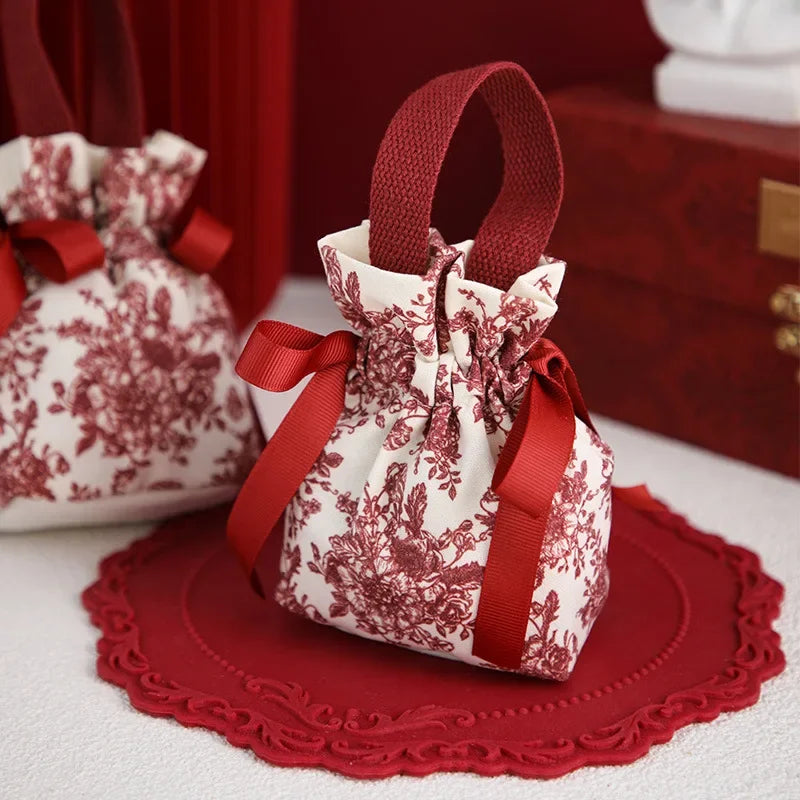 5/10pcs Portable Drawstring Handheld Canvas Candy Bags with Floral Pattern & Ribbon Bow Soft Reusable Wedding Gift Packing Bags