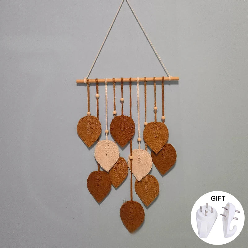 Boho Macrame Leaf & Feather Wall Hanging | Handmade Tapestry Wall Art | Living Room Bedroom Boho Home Decor